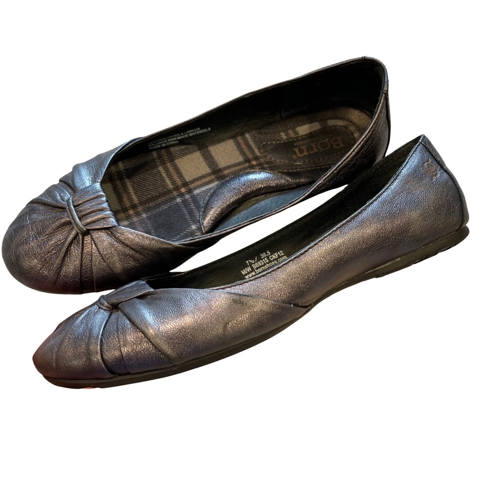 Born Ballet Flat Women 7.5 Metallic Pewter Leather Pleated Knot Round Toe B69315